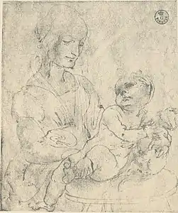 Dessin d'une femme assise, vue en buste, portant sur les genoux un bébé jouant avec chat