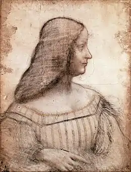 Portrait bicolore (noir et orange) d'une femme de profil de droite avec le buste en trois quarts.