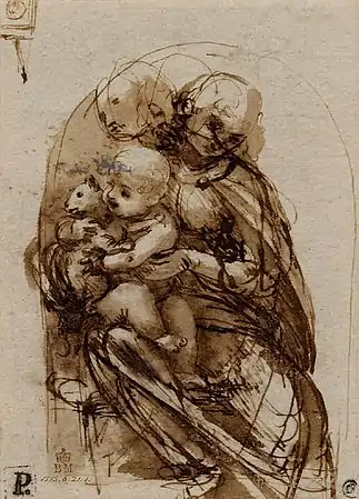 Dessin représentant un groupe formé par une femme portant sur ses genoux un enfant tenant un chat dans les bras.