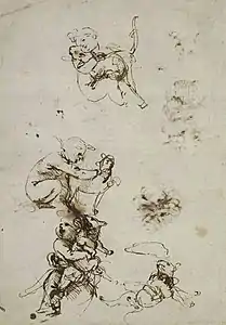 Trois dessins de l’Enfant Jésus avec un chat, et un dessin de chat.