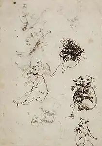 Un dessin de l’Enfant (seul), un de Vierge à l’Enfant avec un chat, et un de chat (seul).