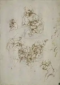 Deux dessins de la Vierge Marie avec l’Enfant Jésus et un chat, et trois dessins de l’Enfant avec un chat.