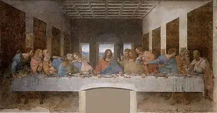 Tableau représentant une scène de repas avec 13 hommes se tenant de front devant une tableau.