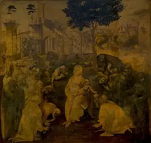 Peinture inachevée d'un groupe de personnages entourant une Vierge à l'Enfant.