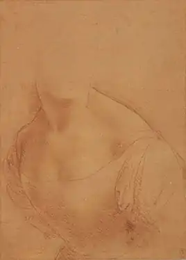 Dessin à la sanguine représentant un buste féminin de trois-quart, tourné vers la gauche.