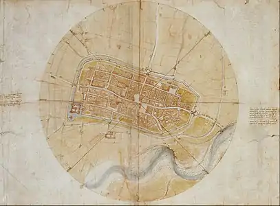 Plan d'une ville, celle-ci à l'intérieur d'un cercle.