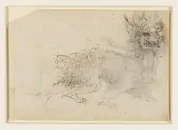 Un dessin d'un dragon, se déplaçant de profil à droite. Il a un corps velu, une queue, des cornes courtes, une bouche ouverte et, apparemment, un bras poilu et griffé sortant de l'arrière de son cou.