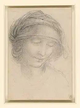 Un dessin crayonné représentant une tête d'une femme au visage incliné sur la droite.