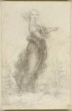 Dessin au crayon représentant une femme vue en pied, vêtue d'une longue robe, souriante et indiquant la droite du tableau du doigt.