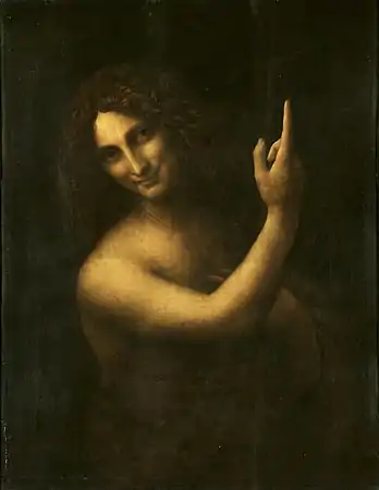 Peinture d'un homme vu en buste, au visage androgyne et pointant l'index vers le ciel.