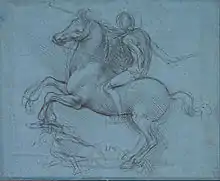 Dessin à la pointe métallique sur papier préparé bleu représentant un homme chevauchant un cheval cabré.