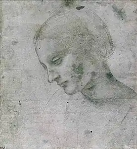 Dessin au crayon d'une tête de jeune femme adoptant une pose similaire à la tête du bébé