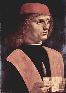 Peinture représentant un homme vu en buste. Chapeau sur la tête, cheveux longs et pardessus rouge.