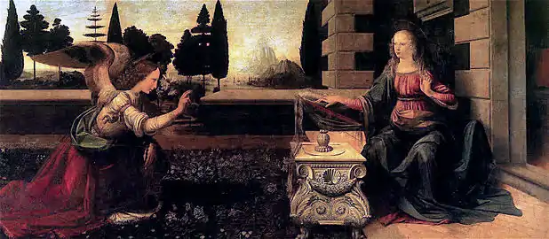 Peinture d'un ange agenouillé devant une femme lisant et portant une auréole.