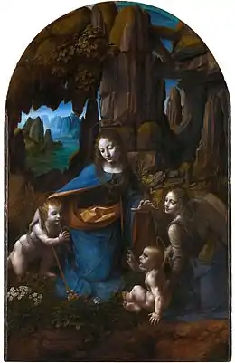 Peinture représentant quatre personnages (une femme au centre, entre deux bébés, et un personnage ailé sur la droite) sur fond caverneux.