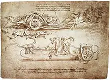 Dessin sur une feuille manuscrite représentant un char tiré par des chevaux et armé de lames.