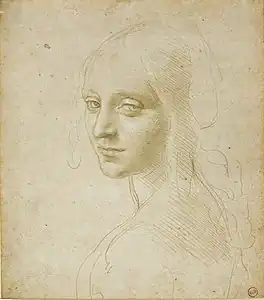 Dessin du portrait en buste d'une jeune femme dont le visage tourné par dessus l'épaule gauche fait face.