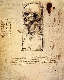 Feuille manuscrite comportant un dessin représentant un homme vu de profil au-dessous duquel est écrit une note manuscrite.