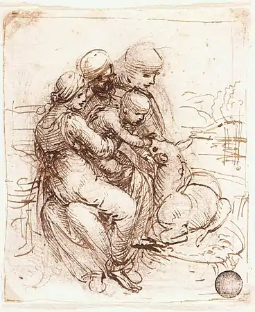 Dessin représentant un groupe d'une femme sur les genoux d'une autre et portant un enfant penché vers un agneau à leurs pieds.