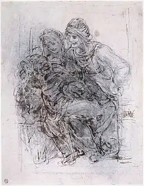 Dessin crayonné représentant un groupe de deux femmes et un bébé tournés vers la gauche.