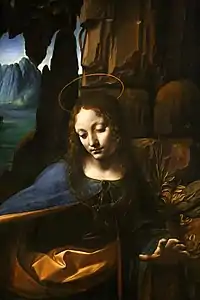 Peinture. Vue en buste d'une femme au visage incliné et aux cheveux longs et blonds