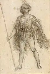 Salai en lancier exotique de mascarade, dessin de Léonard de Vinci (1518).