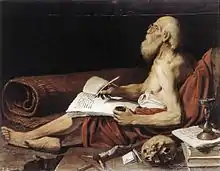 Peinture d'un homme âgé et barbu, assis et en train d'écrire.