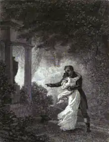 Dans une forêt sombre, une femme en longue robe blanche et un homme en redingote, enlacés.