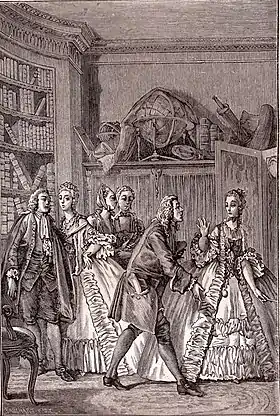 TRISSOTIN : Faites-la sortir, quoi qu'on die,De votre riche appartement,Où cette ingrate insolemmentAttaque votre belle vie.BÉLISE : Ah ! tout doux, laissez-moi, de grâce, respirer.Les Femmes savantes(gravure de Moreau le jeune)