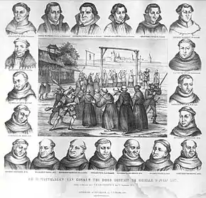 Les 19 Martyrs de Gorcum qui subiront une multitude de sévices et de mutilations avant d'être pendus le 9 juillet 1572 à une heure de la nuit. Godefroid est en bas à droite sur l'image.