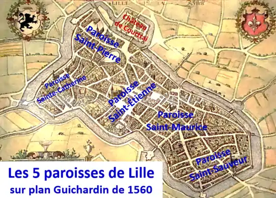 Les 5 paroisses de Lille en 1560 sur plan Guichardin