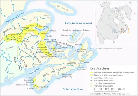 L'Acadie des Maritimes et les régions acadiennes limitrophes (Gaspésie, îles de la Madeleine et Maine).