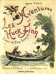 Couverture jaune. L'illustration en couleurs représente une barque sur le fleuve. Huck rame. Jim lui fait face.