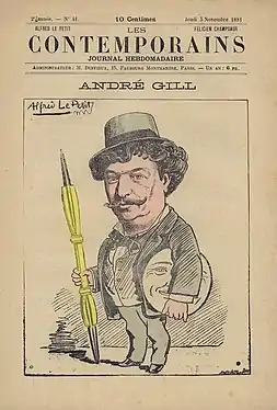 André Gill caricaturé par son collègue Alfred Le Petit pour l'hebdomadaire Les Contemporains, n°41, 1881.
