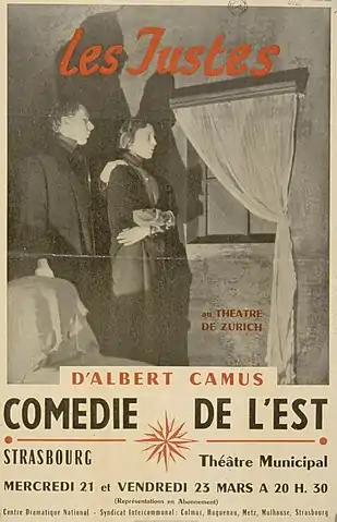 Affiche de la pièce jouée en mars 1956 au Théâtre municipal de Strasbourg par la Comédie de l'Est, au cours d’une tournée de 55 représentations.