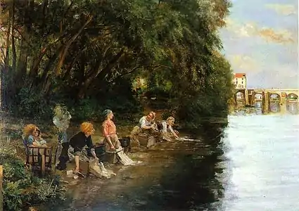 Les Laveuses (vers 1897), musée d'Art et d'Histoire de Poissy. Au fond est visible l'ancien pont de Poissy.