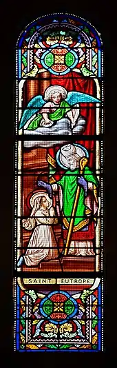 Vitrail représentant saint Eutrope et sainte Eustelle (XIXe siècle), possible œuvre de Jean Besseyrias dans l'église des Mathes (17)