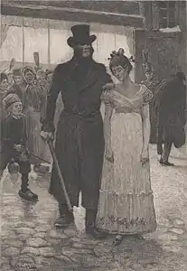 Javert arrête Fantine. Illustration de Pierre Georges Jeanniot, 1890.