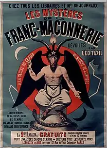 affiche représentant un homme ailé à tête et sabots de bouc, vêtu d'un tablier de franc-maçon, et surmontant un globe entouré d'un serpent.