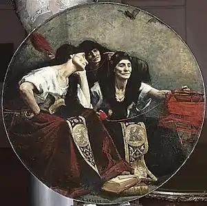 Peinture. Trois vieilles femmes, mode XIXe siècle, jupes rouges, corsages blancs et noirs, fichus noirs.