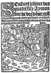 Première page en noir et blanc d'un imprimé avec le titre en lettres gothiques annonçant le récit des quatre fils Aymon et un dessin les représentant chevauchant Bayard