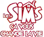 Les Sims est inscrit en grosses lettres blanches bordées de rouge. Au-dessus du M figure un toit de maison avec une fenêtre carrée et une cheminée fumante. En dessous est inscrit Ça vous change la vie.