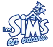 Les Sims est inscrit en grosses lettres blanches bordées de bleu. Au-dessus du M figure un toit de maison avec une fenêtre carrée, trois cocotiers et une cheminée fumante. En dessous est inscrit En vacances.