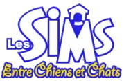 Les Sims est inscrit en grosses lettres blanches bordées de bleu. Au-dessus du M figure une niche et une gamelle. En dessous est inscrit Entre chiens et chats.