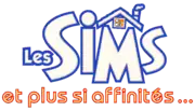 Les Sims est inscrit en grosses lettres blanches bordées de bleu. Au-dessus du M figure un toit de maison avec une fenêtre carrée où figure la silhouette d'un couple face à face et une cheminée fumante. En dessous est inscrit Et plus si affinités…