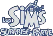 Les Sims est inscrit en grosses lettres grises bordées de bleu. Au-dessus du M figure un toit de maison avec une fenêtre carrée, quelques notes de musique et une cheminée fumante. En dessous est inscrit Surprise-partie.