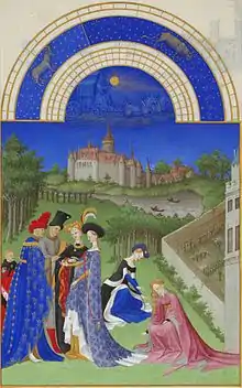Enluminure du mois d’avril du livre d’heures Les Très Riches Heures du duc de Berry représentant peut-être le château de Dourdan.