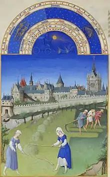 Les très riches heures du  duc de Berry, juin. Fauchage et mise en meules, devant le palais de la Cité, Paris, vers 1450.