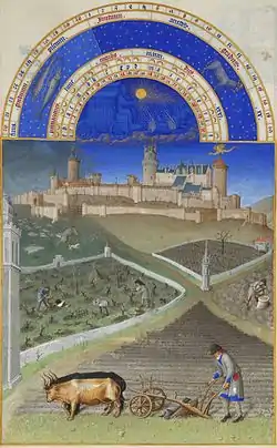 Mars, les labours, Les Très Riches Heures du duc de Berry, XVe siècle.