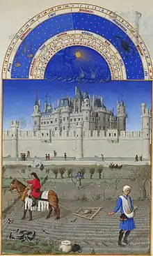 Les Très Riches Heures du duc de Berry, mois d'octobre, v. 1416, Frères de Limbourg. En arrière-plan, le palais du Louvre, et en contrebas la Seine.